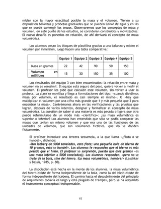 midan con la mayor exactitud posible la masa y el volumen. Tienen a su
disposición balanzas y probetas graduadas que se pueden llenar de agua y en las
que se puede sumergir los trozos. Observaremos que los conceptos de masa y
volumen, en este punto de los estudios, se consideran construidos y movilizables.
El nuevo desafío es ponerlos en relación, de ahí derivará el concepto de masa
volumétrica.

    Los alumnos pesan los bloques de plastilina gracias a una balanza y miden el
volumen por inmersión, luego hacen una tabla comparativa:

                            Equipo 1 Equipo 2 Equipo 3 Equipo 4 Equipo 5

      Masa en gramos          22        42       90         50        150
      Volumen          en
                              15        30       150        35        100
      mililitros

      Los resultados del equipo 3 van bien encaminados: la relación entre masa y
volumen no es verosímil. El equipo está seguro del peso, quiere volver a medir el
volumen. El profesor les pide que calculen este volumen, sin volver a usar la
probeta. La clase se moviliza y llega a formulaciones del tipo: «cuando dividimos
masa por volumen, el resultado es casi siempre el mismo». O «hay que
multiplicar el volumen por una cifra más grande que 1 y más pequeña que 2 para
encontrar la masa». Centrémonos ahora en las verificaciones y las pruebas que
logran, después de varios intentos, designar y formalizar el concepto de masa
volumétrica. La cuestión de saber si una materia es más pesada o ligera que otra
puede reformularse de un modo más «científico»: ¿su masa volumétrica es
superior o inferior? Los alumnos han entendido que sólo se podía comparar las
masas que tenían un mismo volumen y que era una de las funciones de las
unidades de volumen, que son volúmenes ficticios, que no se dividen
físicamente.

    El profesor introduce una tercera secuencia, a la que llama «¿Flota o se
    hunde?», diciendo:
    «iUn iceberg de 5000 toneladas, esto flota; una pequeña bola de hierro de
    10 gramos, esto se hunde!». Los alumnos le responden que el hierro es más
    pesado que el hielo. El profesor se sorprende, puesto que diez gramos «es
    una masa inferior a 5000 toneladas)). Los alumnos responden: «pero no se
    trata de la bola, sino del hierro. iLa masa volumétrica, hombre!» (Laschkar
    y Bassis, 1985, p. 60).

      La disociación está hecha en la mente de los alumnos, la masa volumétrica
del hierro existe de forma independiente de la bola, como la del hielo existe de
forma independiente del iceberg. El camino hasta el descubrimiento del principio
de Arquímedes todavía es largo y está plagado de trampas, pero se ha adquirido
el instrumento conceptual indispensable.



                                       81
 