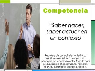 Competencia
“Saber hacer,
saber actuar en
un contexto”
Requiere de conocimiento: teórico,
práctico, afectividad, compromiso,
cooperación y cumplimiento, todo lo cual
se expresa en el desempeño, también
teórico, práctico o teórico- práctico.

 