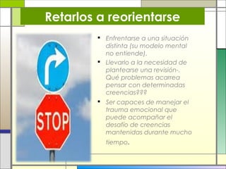 Retarlos a reorientarse
 Enfrentarse a una situación
distinta (su modelo mental
no entiende).
 Llevarlo a la necesidad de
plantearse una revisión-.
Qué problemas acarrea
pensar con determinadas
creencias???
 Ser capaces de manejar el
trauma emocional que
puede acompañar el
desafío de creencias
mantenidas durante mucho
tiempo.

 