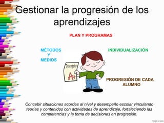 Gestionar la progresión de los
aprendizajes
PLAN Y PROGRAMAS
MÉTODOS INDIVIDUALIZACIÓN
Y
MEDIOS
PROGRESIÓN DE CADA
ALUMNO
Concebir situaciones acordes al nivel y desempeño escolar vinculando
teorías y contenidos con actividades de aprendizaje, fortaleciendo las
competencias y la toma de decisiones en progresión.
 