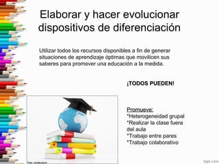 Elaborar y hacer evolucionar
dispositivos de diferenciación
Utilizar todos los recursos disponibles a fin de generar
situaciones de aprendizaje óptimas que movilicen sus
saberes para promover una educación a la medida.
¡TODOS PUEDEN!¡TODOS PUEDEN!
Promueve:Promueve:
*Heterogeneidad grupal
*Realizar la clase fuera
del aula
*Trabajo entre pares
*Trabajo colaborativo
 