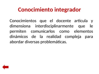 Conocimiento integrador
Conocimientos que el docente articula y
dimensiona interdisciplinarmente que le
permiten comunicarlos como elementos
dinámicos de la realidad compleja para
abordar diversas problemáticas.
 