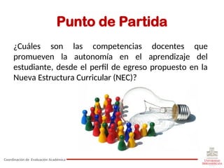 Punto de Partida
¿Cuáles son las competencias docentes que
promueven la autonomía en el aprendizaje del
estudiante, desde el perfil de egreso propuesto en la
Nueva Estructura Curricular (NEC)?
Coordinación de Evaluación Académica
 
