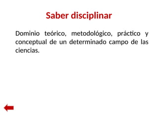 Saber disciplinar
Dominio teórico, metodológico, práctico y
conceptual de un determinado campo de las
ciencias.
 