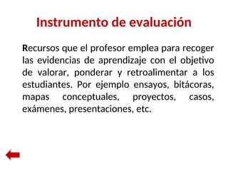 Instrumento de evaluación
Recursos que el profesor emplea para recoger
las evidencias de aprendizaje con el objetivo
de valorar, ponderar y retroalimentar a los
estudiantes. Por ejemplo ensayos, bitácoras,
mapas conceptuales, proyectos, casos,
exámenes, presentaciones, etc.
 