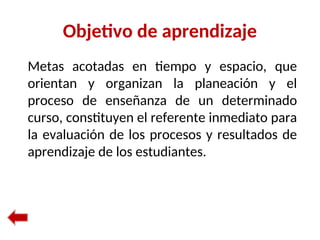 Objetivo de aprendizaje
Metas acotadas en tiempo y espacio, que
orientan y organizan la planeación y el
proceso de enseñanza de un determinado
curso, constituyen el referente inmediato para
la evaluación de los procesos y resultados de
aprendizaje de los estudiantes.
 