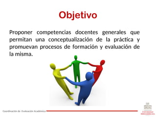 Objetivo
Proponer competencias docentes generales que
permitan una conceptualización de la práctica y
promuevan procesos de formación y evaluación de
la misma.
Coordinación de Evaluación Académica
 