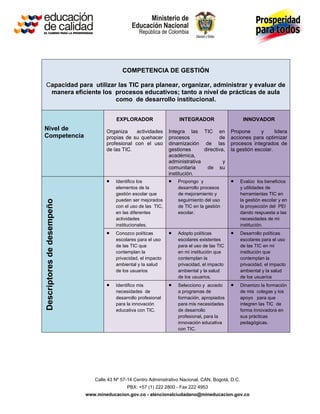 Calle 43 Nº 57-14 Centro Administrativo Nacional, CAN, Bogotá, D.C.
PBX: +57 (1) 222 2800 - Fax 222 4953
www.mineducacion.gov.co - atencionalciudadano@mineducacion.gov.co
COMPETENCIA DE GESTIÓN
Capacidad para utilizar las TIC para planear, organizar, administrar y evaluar de
manera eficiente los procesos educativos; tanto a nivel de prácticas de aula
como de desarrollo institucional.
Nivel de
Competencia
EXPLORADOR
Organiza actividades
propias de su quehacer
profesional con el uso
de las TIC.
INTEGRADOR
Integra las TIC en
procesos de
dinamización de las
gestiones directiva,
académica,
administrativa y
comunitaria de su
institución.
INNOVADOR
Propone y lidera
acciones para optimizar
procesos integrados de
la gestión escolar.
Descriptoresdedesempeño
 Identifico los
elementos de la
gestión escolar que
pueden ser mejorados
con el uso de las TIC,
en las diferentes
actividades
institucionales.
 Propongo y
desarrollo procesos
de mejoramiento y
seguimiento del uso
de TIC en la gestión
escolar.
 Evalúo los beneficios
y utilidades de
herramientas TIC en
la gestión escolar y en
la proyección del PEI
dando respuesta a las
necesidades de mi
institución.
 Conozco políticas
escolares para el uso
de las TIC que
contemplan la
privacidad, el impacto
ambiental y la salud
de los usuarios
 Adopto políticas
escolares existentes
para el uso de las TIC
en mi institución que
contemplan la
privacidad, el impacto
ambiental y la salud
de los usuarios.
 Desarrollo políticas
escolares para el uso
de las TIC en mi
institución que
contemplan la
privacidad, el impacto
ambiental y la salud
de los usuarios
 Identifico mis
necesidades de
desarrollo profesional
para la innovación
educativa con TIC.
 Selecciono y accedo
a programas de
formación, apropiados
para mis necesidades
de desarrollo
profesional, para la
innovación educativa
con TIC.
 Dinamizo la formación
de mis colegas y los
apoyo para que
integren las TIC de
forma innovadora en
sus prácticas
pedagógicas.
 