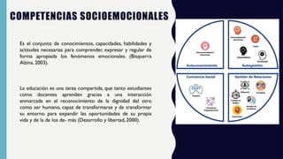 Es el conjunto de conocimientos, capacidades, habilidades y
actitudes necesarias para comprender, expresar y regular de
forma apropiada los fenómenos emocionales. (Bisquerra
Alzina, 2003).
La educación es una tarea compartida, que tanto estudiantes
como docentes aprenden gracias a una interacción
enmarcada en el reconocimiento de la dignidad del otro
como ser humano, capaz de transformarse y de transformar
su entorno para expandir las oportunidades de su propia
vida y de la de los de- más (Desarrollo y libertad, 2000).
 