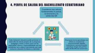 4. PERFIL DE SALIDA DEL BACHILLERATO ECUATORIANO
Consideran tres valores
fundamentales: la justicia,
la innovación y la
solidaridad. JIS
Priorización de los aprendizajes con
énfasis en competencias
comunicacionales, digitales,
matemáticas y socioemocionales
contribuye al logro del perfil de
salida del Bachillerato ecuatoriano.
Cada institución educativa puede promover el
desarrollo de valores propios de su propuesta
pedagógica, misión y visión, junto con las
capacidades, valores y responsabilidades que los
estudiantes van a adquirir permitiendo que cada
institución educativa fortalezca su identidad.
 