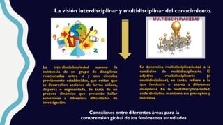 Conexiones entre diferentes áreas para la
comprensión global de los fenómenos estudiados.
La visión interdisciplinar y multidisciplinar del conocimiento.
La interdisciplinariedad supone la
existencia de un grupo de disciplinas
relacionadas entre sí y con vínculos
previamente establecidos, que evitan que
se desarrollen acciones de forma aislada,
dispersa o segmentada. Se trata de un
proceso dinámico que pretende hallar
soluciones a diferentes dificultades de
investigación.
Se denomina multidisciplinariedad a la
condición de multidisciplinario. El
adjetivo multidisciplinario (o
multidisciplinar), en tanto, refiere a lo
que involucra o abarca a diferentes
disciplinas. En la multidisciplinariedad,
cada disciplina mantiene sus preceptos y
métodos.
 