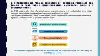 6. RECOMENDACIONES PARA LA APLICACIÓN DEL CURRÍCULO PRIORIZADO CON
ÉNFASIS EN COMPETENCIAS COMUNICACIONALES, MATEMÁTICAS, DIGITALES Y
SOCIOEMOCIONALES
Las DCD preparan a los niños, niñas y adolescentes para desenvolverse en la cotidianidad de forma eficaz y
deben ser desarrolladas considerando su importancia en el contexto actual.
La iconografía que identifica a las DCD relacionadas con las competencias comunicacionales, matemáticas,
digitales y socioemocionales se presentan a continuación:
Propiciando un proceso reflexivo del desarrollo de las competencias en aula de clase y su
utilidad para la vida.
 