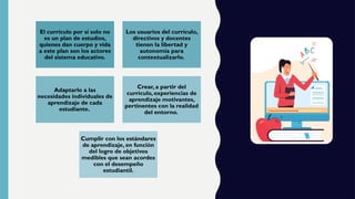 El currículo por sí solo no
es un plan de estudios,
quienes dan cuerpo y vida
a este plan son los actores
del sistema educativo.
Los usuarios del currículo,
directivos y docentes
tienen la libertad y
autonomía para
contextualizarlo.
Adaptarlo a las
necesidades individuales de
aprendizaje de cada
estudiante.
Crear, a partir del
currículo, experiencias de
aprendizaje motivantes,
pertinentes con la realidad
del entorno.
Cumplir con los estándares
de aprendizaje, en función
del logro de objetivos
medibles que sean acordes
con el desempeño
estudiantil.
 