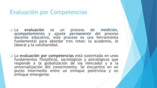 Evaluación por Competencias
 La evaluación es un proceso de medición,
acompañamiento y ajuste permanente del proceso
docente educativo, este proceso es una herramienta
fundamental para abordar tres retos: la academia, lo
laboral y la cotidianidad.
 La evaluación por competencias está sustentada en unos
fundamentos filosóficos, sociológicos y psicológicos que
responde a la globalización de los mercados y a la
universalización del conocimiento. Se encuentra en un
punto intermedio entre un enfoque positivista y un
enfoque emergente.
 