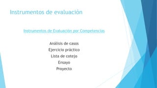 Instrumentos de Evaluación por Competencias
Análisis de casos
Ejercicio práctico
Lista de cotejo
Ensayo
Proyecto
Instrumentos de evaluación
 
