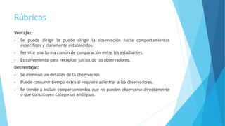 Rúbricas
Ventajas:
 Se puede dirigir la puede dirigir la observación hacia comportamientos
específicos y claramente establecidos.
 Permite una forma común de comparación entre los estudiantes.
 Es conveniente para recopilar juicios de los observadores.
Desventajas:
 Se eliminan los detalles de la observación
 Puede consumir tiempo extra si requiere adiestrar a los observadores.
 Se tiende a incluir comportamientos que no pueden observarse directamente
o que constituyen categorías ambiguas.
 