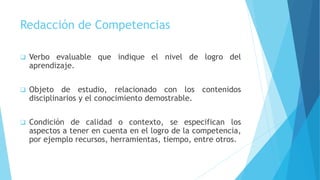 Redacción de Competencias
 Verbo evaluable que indique el nivel de logro del
aprendizaje.
 Objeto de estudio, relacionado con los contenidos
disciplinarios y el conocimiento demostrable.
 Condición de calidad o contexto, se especifican los
aspectos a tener en cuenta en el logro de la competencia,
por ejemplo recursos, herramientas, tiempo, entre otros.
 