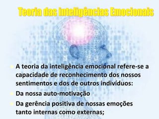  A teoria da inteligência emocional refere-se a
capacidade de reconhecimento dos nossos
sentimentos e dos de outros indivíduos:
 Da nossa auto-motivação
 Da gerência positiva de nossas emoções
tanto internas como externas;
 