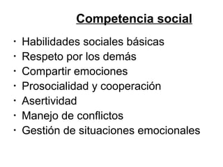 Competencia social
•
•
•
•
•
•
•

Habilidades sociales básicas
Respeto por los demás
Compartir emociones
Prosocialidad y cooperación
Asertividad
Manejo de conflictos
Gestión de situaciones emocionales

 