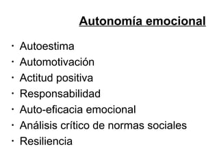 Autonomía emocional
•
•
•
•
•
•
•

Autoestima
Automotivación
Actitud positiva
Responsabilidad
Auto-eficacia emocional
Análisis crítico de normas sociales
Resiliencia

 