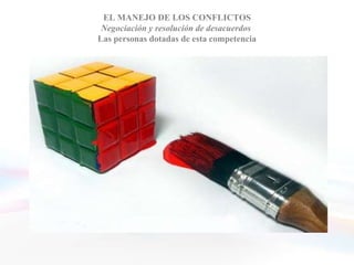 EL MANEJO DE LOS CONFLICTOS
              Negociación y resolución de desacuerdos
             Las personas dotadas de esta competencia



• Manejan a las personas difíciles y las situaciones tensas
  con diplomacia y tacto
• Reconocen los posibles conflictos, sacan a la luz los
  desacuerdos y fomentan la desescalada de la tensión
• Alientan el debate y la discusión abierta
• Buscan el modo de llegar a soluciones que satisfagan
  plenamente a todos los implicados
 
