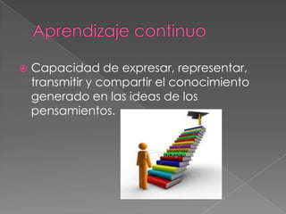    Capacidad de expresar, representar,
    transmitir y compartir el conocimiento
    generado en las ideas de los
    pensamientos.
 