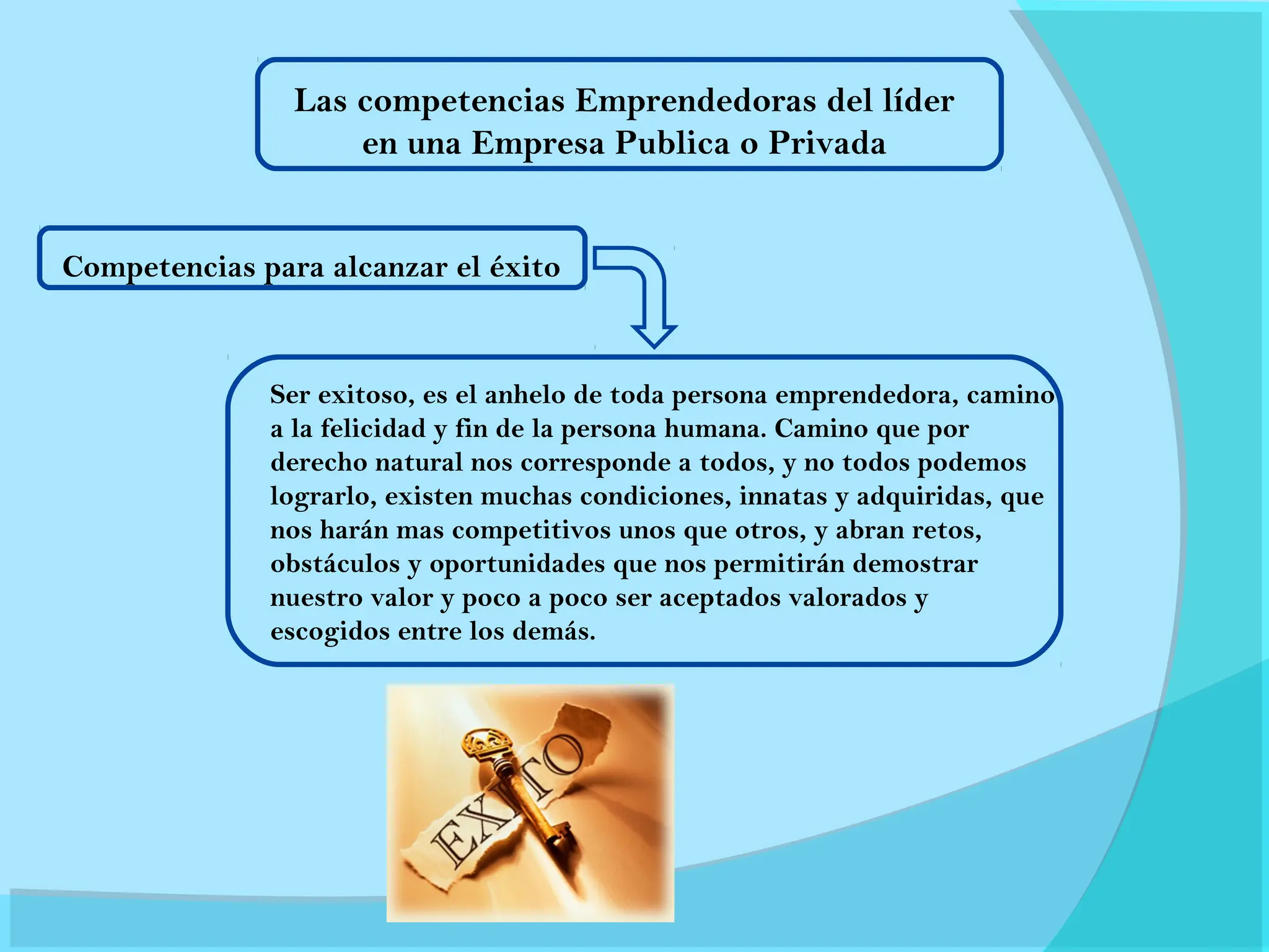 Las competencias Emprendedoras del líder
en una Empresa Publica o Privada
Competencias para alcanzar el éxito
Ser exitoso, es el anhelo de toda persona emprendedora, camino
a la felicidad y fin de la persona humana. Camino que por
derecho natural nos corresponde a todos, y no todos podemos
lograrlo, existen muchas condiciones, innatas y adquiridas, que
nos harán mas competitivos unos que otros, y abran retos,
obstáculos y oportunidades que nos permitirán demostrar
nuestro valor y poco a poco ser aceptados valorados y
escogidos entre los demás.
 
