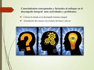 Conocimientos conceptuales y factuales al enfoque en el
desempeño integral ante actividades y problemas.
 Colocar la mirada en el desempeño humano integral
 Articulación del conocer con el plano del hacer y del ser
 