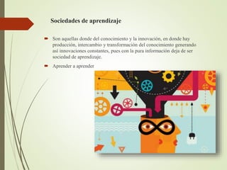 Sociedades de aprendizaje
 Son aquellas donde del conocimiento y la innovación, en donde hay
producción, intercambio y transformación del conocimiento generando
así innovaciones constantes, pues con la pura información deja de ser
sociedad de aprendizaje.
 Aprender a aprender
 