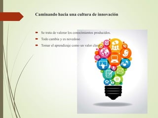 Caminando hacia una cultura de innovación
 Se trata de valorar los conocimientos producidos.
 Todo cambia y es novedoso
 Tomar el aprendizaje como un valor clave
 