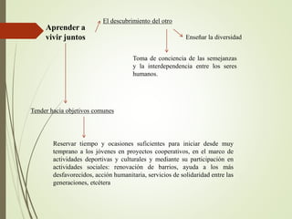 Aprender a
vivir juntos
El descubrimiento del otro
Enseñar la diversidad
Toma de conciencia de las semejanzas
y la interdependencia entre los seres
humanos.
Tender hacia objetivos comunes
Reservar tiempo y ocasiones suficientes para iniciar desde muy
temprano a los jóvenes en proyectos cooperativos, en el marco de
actividades deportivas y culturales y mediante su participación en
actividades sociales: renovación de barrios, ayuda a los más
desfavorecidos, acción humanitaria, servicios de solidaridad entre las
generaciones, etcétera
 