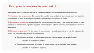 Descripción de competencias en el currículo
Hay diversas metodologías para describir las competencias en el currículo y en los módulos de formación:
A) Descripción de competencias. Se recomienda describir cada unidad de competencia con los siguientes
componentes: un verbo de desempeño, un objeto, una finalidad y una condición de calidad.
B) Estructura de competencia. se especifican los elementos que la componen y los problemas. Luego, en cada
elemento se determinan los siguientes aspectos: contenidos de los saberes esenciales, indicadores de desempeño
y evidencias.
C) Clases de competencias. Hay dos clases de competencias y en cada clase hay a su vez dos subclases, las
cuales son, competencias y unidades de competencias.
a. Competencias genéricas: se refieren a competencias más comunes a una rama profesional.
Unidades de competencia genérica.
b. Competencias específicas: son propias de cada profesión y le dan identidad a una profesión.
Unidades de competencia específica.
 