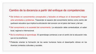 Cambio de la docencia a partir del enfoque de competencias
• Del énfasis en conocimientos conceptuales y factuales al enfoque en el desempeño integral
ante actividades y problemas. Trascender el espacio del conocimiento teórico como centro del
quehacer educativo que implica la articulación del conocer con el plano del hacer y del ser.
• Del conocimiento a la sociedad del conocimiento. La educación debe contextualizar, el saber
local, regional e internacional.
• De la enseñanza al aprendizaje. El aprendizaje comienza a ser el centro de la educación más
que en la enseñanza.
• Pretende orientar la formación de los seres humanos hacia el desempeño idóneo en los
diversos contextos culturales y sociales.
 