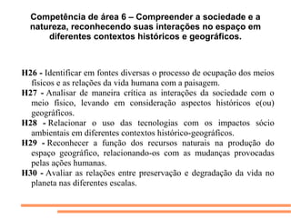 Competência de área 6 – Compreender a sociedade e a
  natureza, reconhecendo suas interações no espaço em
      diferentes contextos históricos e geográficos.



H26 - Identificar em fontes diversas o processo de ocupação dos meios 
  físicos e as relações da vida humana com a paisagem.
H27 - Analisar  de  maneira  crítica  as  interações  da  sociedade  com  o 
  meio  físico,  levando  em  consideração  aspectos  históricos  e(ou) 
  geográficos.
H28 - Relacionar  o  uso  das  tecnologias  com  os  impactos  sócio 
  ambientais em diferentes contextos histórico-geográficos.
H29 - Reconhecer  a  função  dos  recursos  naturais  na  produção  do 
  espaço  geográfico,  relacionando-os  com  as  mudanças  provocadas 
  pelas ações humanas.
H30 - Avaliar  as  relações  entre  preservação  e  degradação  da  vida  no 
  planeta nas diferentes escalas.
 