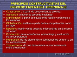 PRINCIPIOS CONSTRUCTIVISTAS DELPRINCIPIOS CONSTRUCTIVISTAS DEL
PROCESO ENSEÑANZA APRENDIZAJEPROCESO ENSEÑANZA APRENDIZAJE
 ConstrucciónConstrucción: a partir de conocimientos previos: a partir de conocimientos previos
 AplicaciónAplicación: a hacer se aprende haciendo: a hacer se aprende haciendo
 SignificaciónSignificación: a partir de situaciones reales y próximas a: a partir de situaciones reales y próximas a
los alumnoslos alumnos
 GlobalizaciónGlobalización: análisis a partir de las competencias como: análisis a partir de las competencias como
un todoun todo
 IteraciónIteración: repetir varias veces la misma tarea en la misma: repetir varias veces la misma tarea en la misma
situaciónsituación
 CoherenciaCoherencia: entre enseñanza, aprendizaje y evaluación: entre enseñanza, aprendizaje y evaluación
de la competenciade la competencia
 IntegraciónIntegración: de los elementos o componentes entre sí y en: de los elementos o componentes entre sí y en
las competenciaslas competencias
 TransferenciaTransferencia: de una tarea-fuente a una tarea-meta,: de una tarea-fuente a una tarea-meta,
entre situacionesentre situaciones
De la Cruz (2005)De la Cruz (2005)
 