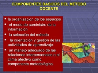 COMPONENTES BASICOS DEL METODOCOMPONENTES BASICOS DEL METODO
DOCENTEDOCENTE
 la organización de los espaciosla organización de los espacios
 el modo de suministro de lael modo de suministro de la
informacióninformación
 la selección del métodola selección del método
 la orientación y gestión de lasla orientación y gestión de las
actividades de aprendizajeactividades de aprendizaje
 un manejo adecuado de lasun manejo adecuado de las
relaciones interpersonales o elrelaciones interpersonales o el
clima afectivo comoclima afectivo como
componente metodológico.componente metodológico.
 