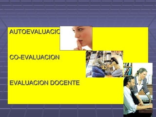 AUTOEVALUACIONAUTOEVALUACION
CO-EVALUACIONCO-EVALUACION
EVALUACION DOCENTEEVALUACION DOCENTE
 