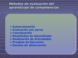 Métodos de evaluación delMétodos de evaluación del
aprendizaje de competenciasaprendizaje de competencias
• Autoevaluación
• Evaluación por pares
• Coevaluación
• Resultados de Aprendizaje
• Realización de Actividades
• Pruebas de Ejecución
• Escalas de observación
 