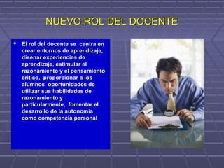 NUEVO ROL DEL DOCENTENUEVO ROL DEL DOCENTE
 El rol del docente se centra enEl rol del docente se centra en
crear entornos de aprendizaje,crear entornos de aprendizaje,
disenar experiencias dedisenar experiencias de
aprendizaje, estimular elaprendizaje, estimular el
razonamiento y el pensamientorazonamiento y el pensamiento
critico, proporcionar a loscritico, proporcionar a los
alumnos oportunidades dealumnos oportunidades de
utilizar sus habilidades deutilizar sus habilidades de
razonamiento yrazonamiento y
particularmente, fomentar elparticularmente, fomentar el
desarrollo de la autonomíadesarrollo de la autonomía
como competencia personalcomo competencia personal
 