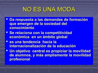NO ES UNA MODANO ES UNA MODA
 Da respuesta a las demandas de formaciónDa respuesta a las demandas de formación
que emergen de la sociedad delque emergen de la sociedad del
conocimientoconocimiento
 Se relaciona con la competitividadSe relaciona con la competitividad
económica en un ámbito globaleconómica en un ámbito global
 es una tendencia hacia laes una tendencia hacia la
internacionalización de la educacióninternacionalización de la educación
 Un objetivo central es propiciar la movilidadUn objetivo central es propiciar la movilidad
de alumnos, y más ampliamente la movilidadde alumnos, y más ampliamente la movilidad
profesionalprofesional
 
