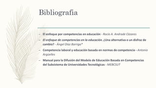 Bibliografia
– El enfoque por competencias en educación - Rocío A. Andrade Cázares
– El enfoque de competencias en la educación. ¿Una alternativa o un disfraz de
cambio? - Ángel Díaz Barriga*
– Competencia laboral y educación basada en normas de competencia - Antonio
Argüelles
– Manual para la Difusión del Modelo de Educación Basada en Competencias
del Subsistema de Universidades Tecnológicas - MEBCSUT
 
