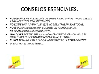 CONSEJOS ESENCIALES.
• NO DEBEMOS MENOSPRECIAR LAS OTRAS CINCO COMPETENCIAS FRENTE
A LA LINGUÍSTICA Y LA MATEMÁTICA.
• NO EXISTE UNA ASIGNATURA QUE NO DEBA TRABAJARLAS TODAS.
• NO SE PUEDE EVALUAR UNA CC COMO UN HECHO AISLADO.
• NO SE CALIFICAN NUMÉRICAMENTE.
• CUALQUIER ACTITUD DEL ALUMNO/A DENTRO Y FUERA DEL AULA ES
SUSCEPTIBLE DE SER UN APRENDIZAJE COMPETENCIAL.
• NUNCA TERMINAN SU FUNCIÓN, NI DESPUÉS DE LA ETAPA DOCENTE.
• LA LECTURA ES TRANSVERSAL.
 