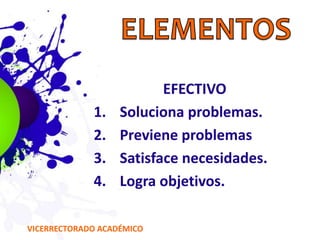 EFECTIVO
1. Soluciona problemas.
2. Previene problemas
3. Satisface necesidades.
4. Logra objetivos.
VICERRECTORADO ACADÉMICO
 