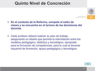 Quinto Nivel de Concreción   En el contexto de la Reforma, compete al salón de clases y se encuentra en el terreno de las decisiones del docente. Cada profesor deberá realizar su plan de trabajo, asegurando un diseño que permita la interrelación entre los modelos pedagógico, didáctico y tecnológico, apropiado para la formación de competencias, para lo cual el docente requerirá de formación, apoyo pedagógico y tecnológico.  