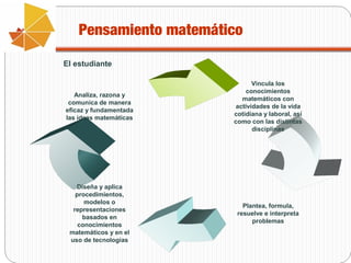 Pensamiento matemático
El estudiante

Analiza, razona y
comunica de manera
eficaz y fundamentada
las ideas matemáticas

Vincula los
conocimientos
matemáticos con
actividades de la vida
cotidiana y laboral, así
como con las distintas
disciplinas

Diseña y aplica
procedimientos,
modelos o
representaciones
basados en
conocimientos
matemáticos y en el
uso de tecnologías

Plantea, formula,
resuelve e interpreta
problemas

 