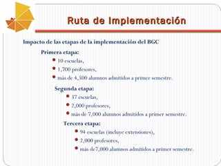 Ruta de Implementación
Impacto de las etapas de la implementación del BGC
Primera etapa:
 10 escuelas,
 1,700 profesores,
 más de 4,500 alumnos admitidos a primer semestre.
Segunda etapa:
 37 escuelas,
 2,000 profesores,
 más de 7,000 alumnos admitidos a primer semestre.
Tercera etapa:
 94 escuelas (incluye extensiones),
 2,000 profesores,
 más de7,000 alumnos admitidos a primer semestre.

 