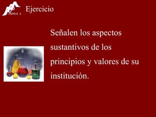 Ejercicio Señalen los aspectos sustantivos de los principios y valores de su institución. 