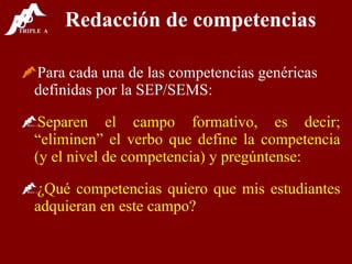 Redacción de competencias Para cada una de las competencias genéricas definidas por la SEP/SEMS: Separen el campo formativo, es decir; “eliminen” el verbo que define la competencia (y el nivel de competencia) y pregúntense: ¿Qué competencias quiero que mis estudiantes adquieran en este campo? 