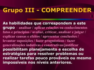 Grupo III - COMPREENDER As habilidades que correspondem a este grupo  –  analisar / aplicar relações ou conhecimentos fatos e princípios / avaliar, criticar, analisar e julgar / explicar causas e efeitos / apresentar conclusões / levantar suposições / fazer prognósticos / fazer generalizações indutivas e construtivas/justificar possibilitam planejamento e escolha de estratégias para resolver problemas ou realizar tarefas pouco prováveis ou mesmo impossíveis nos níveis anteriores. 