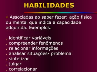HABILIDADES -   Associadas ao saber fazer: ação física ou mental que indica a capacidade adquirida. Exemplos: .  identificar variáveis .  compreender fenômenos .  relacionar informações .  analisar situações- problema .  sintetizar .  julgar .  correlacionar 